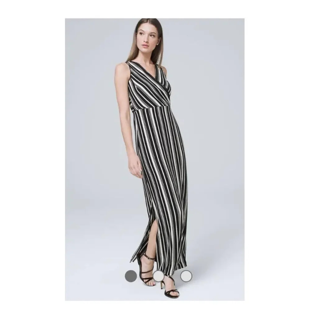 WHBM Striped Maxi Dress Sleeveless Black & White V-Neck Size 2‎